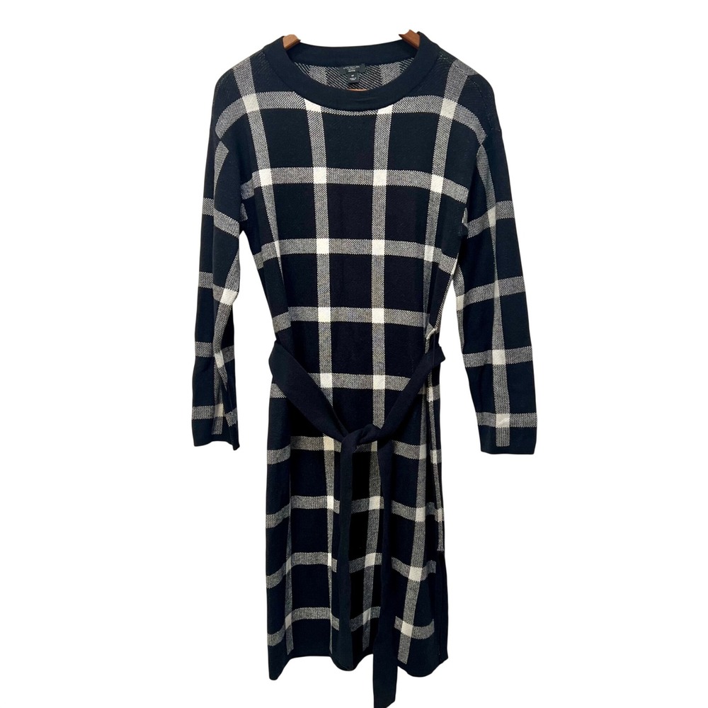 Ann Taylor Factory Petite Black White Windowpane Plaid Belted Sweater Dress MP